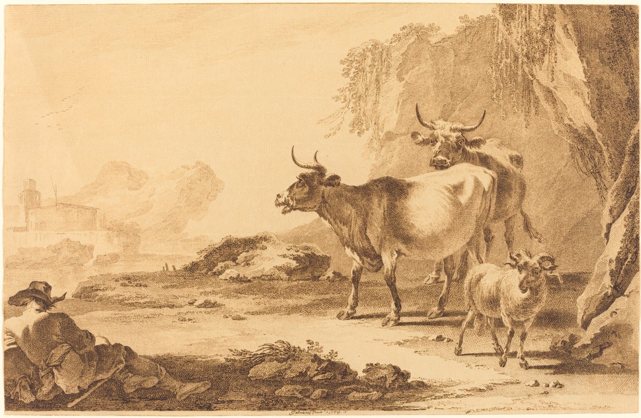 Paisagem com gado, uma cabra e um pastor descansando de Pietro Giacomo Palmieri
