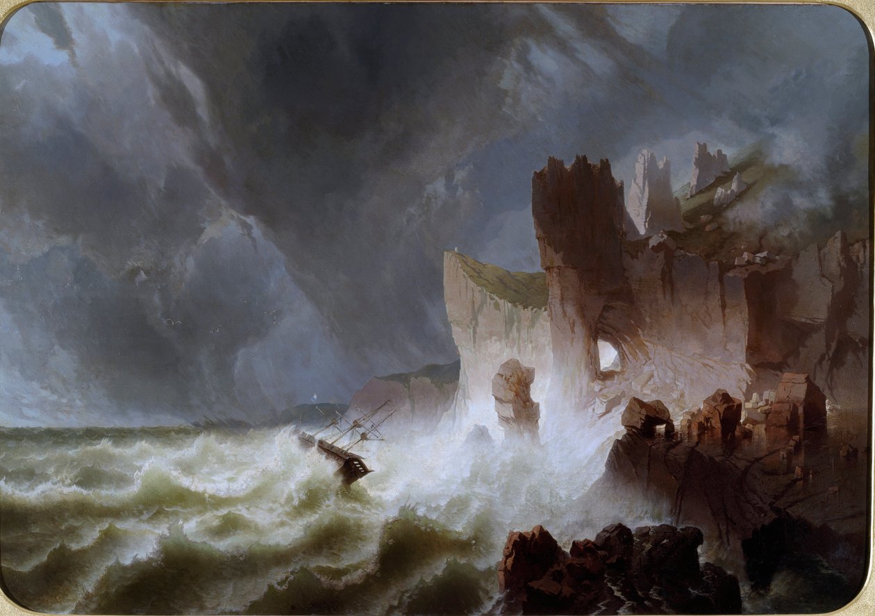 Lido solitario Marine landscape, com o navio apanhado na tempestade, e despenhado nas falésias. Pintura de Pietro Giuria (século XIX) Dim. 140x200 cm Genes Nervi, Galleria d