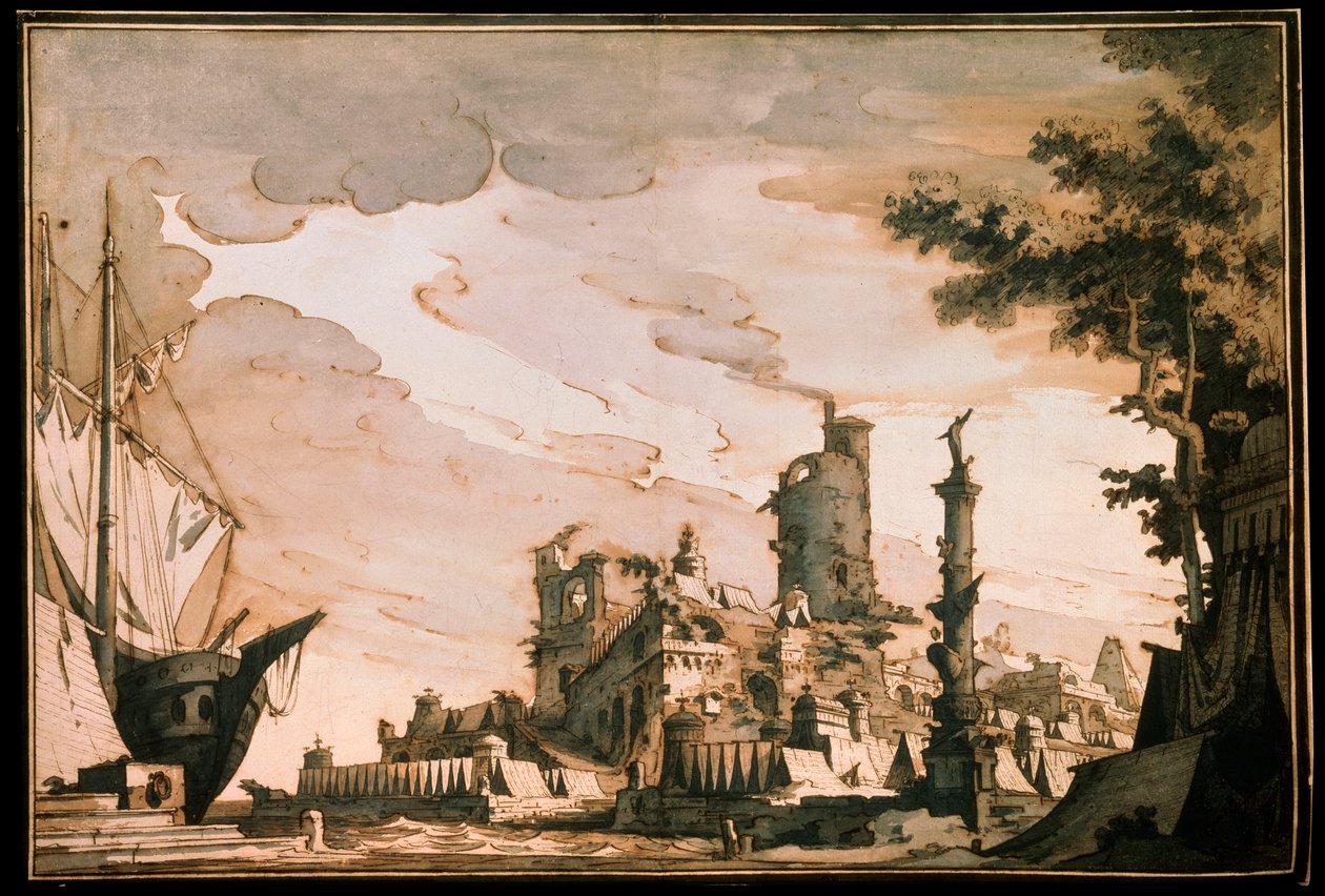 Sea Harbor, cenografia de uma peça de teatro, 1818. de Pietro Gonzaga