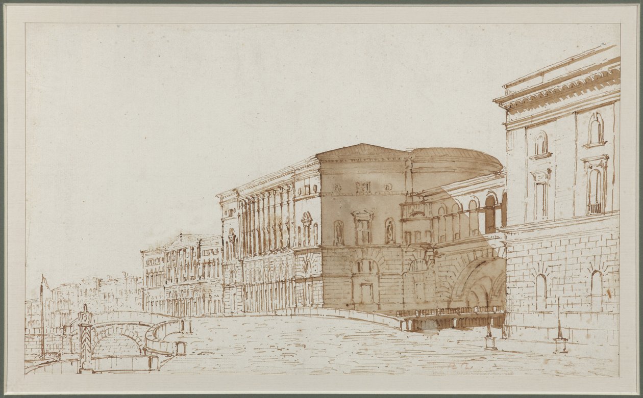 Teatro Hermitage de São Petersburgo - Pietro di Gottardo Gonzaga (1751-1831). Caneta, pincel, cor marrom sobre papel de Pietro Gonzaga