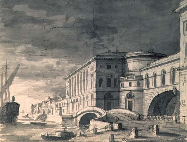 Vista do aterro de Neva com o Teatro Hermitage no centro, depois de 1802 (caneta, pincel, tinta e lápis) de Pietro Gonzaga