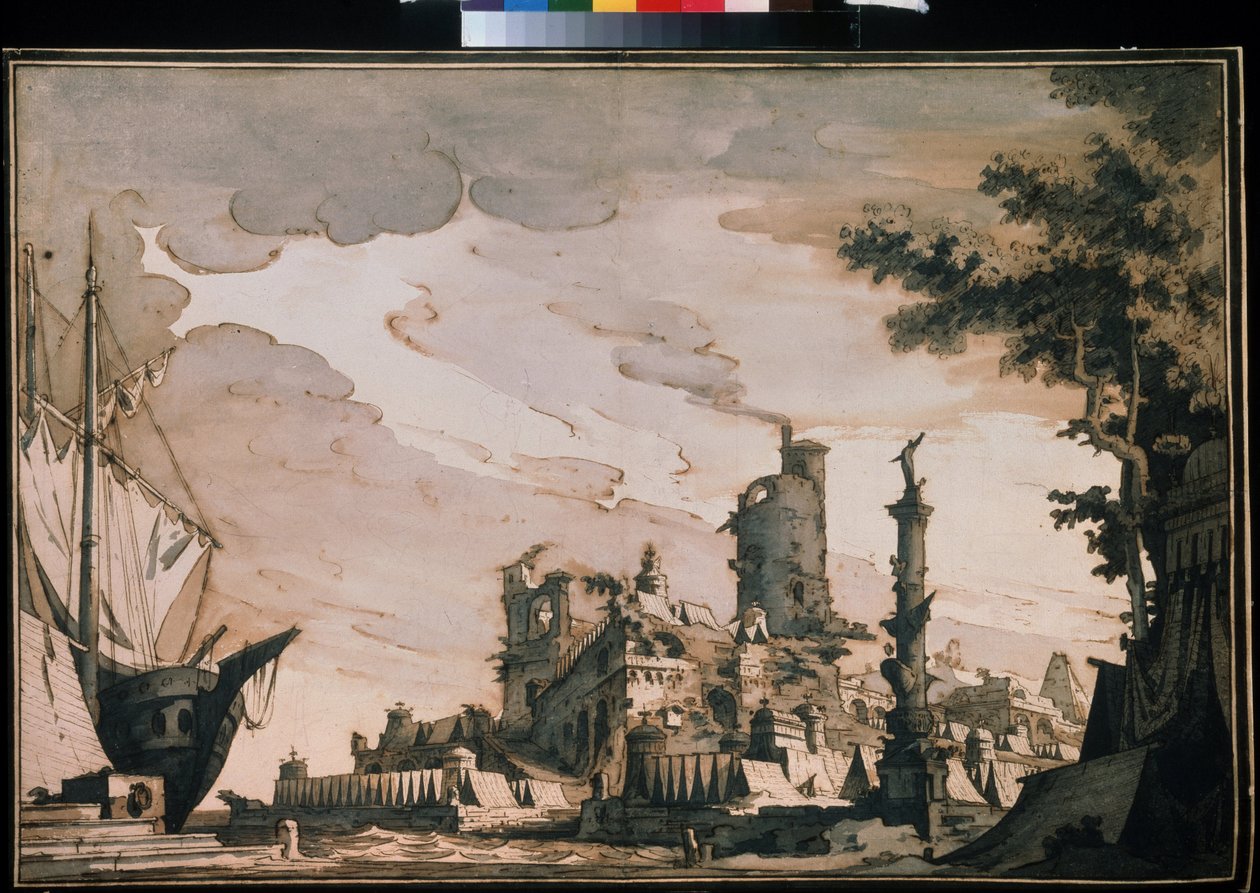 ""Vista de um Porto"" Decoração do Teatro. Aquarela de Pietro di Gottardo Gonzaga (1751-1831) 1818. Aquarela e tinta sobre papel. Moscou, Museu Pushkin de Pietro Gonzaga