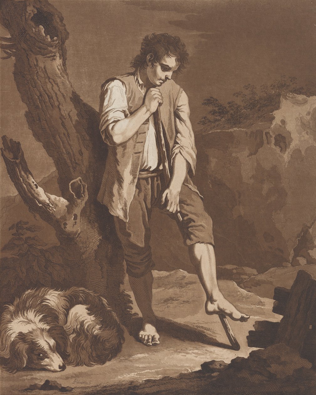 The Shepherds Rest, um jovem descansando em uma vara enquanto seu cachorro está deitado a seus pés..., ca. 1757-1804. de Pietro Jacopo Palmieri
