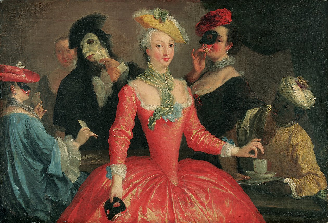 Empresa elegante em traje de máscara tomando café e jogando cartas de Pietro Longhi