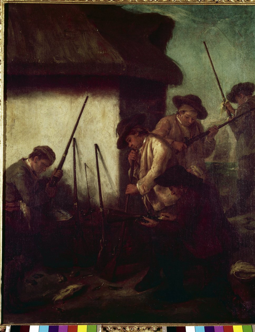 Caça no vale: a preparação de armas (La caccia in valle: Preparazione degli schioppi) - Pintura de Pietro Longhi (1702-1785), óleo sobre tela, 61x50 cm de Pietro Longhi