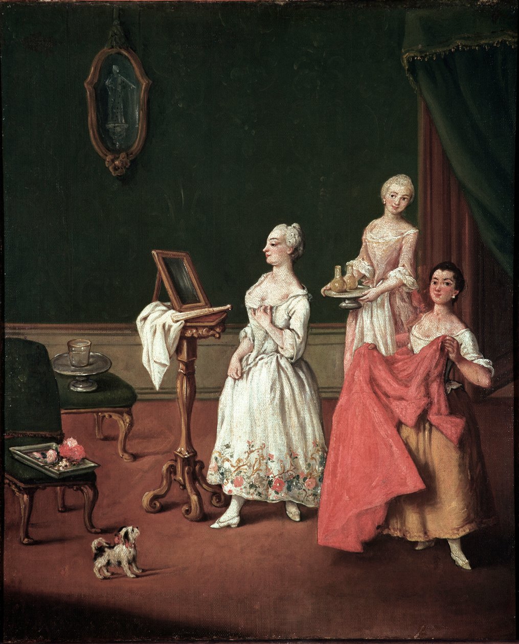 La toilette (A sessão de curativos) Aristocrata veneziano apreendendo em frente ao seu auxiliar de espelho de dois criados - Pintura de Pietro Longhi (1701-1785) 1760 Dim 61x50 cm Veneza, Ca 