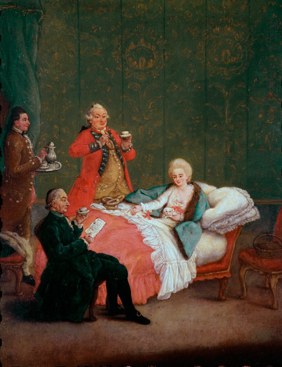 A jovem mulher da nobreza do chocolate da manhã jaz na sua cama, servida por três homens. Pintura de Pietro Longhi (1702-1785) 1775-1780. Dim. 60x47 cm Ca 