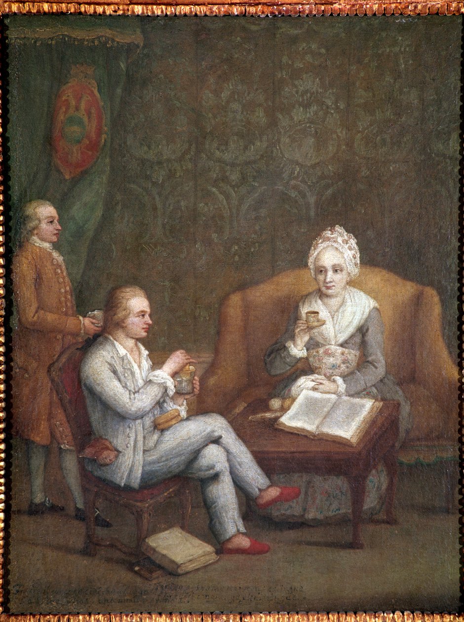 Retrato de Adriana Giustinian com seu filho Gerolamo Ascanio tomando chocolate quente (Adriana Giustinian Barbarigo e seu filho Gerolamo Ascanio tomando uma xícara de chocolate) Pintura de Pietro Longhi (1702-1785) 1779 aproximadamente Dim 58x45 cm Veneza, de Pietro Longhi