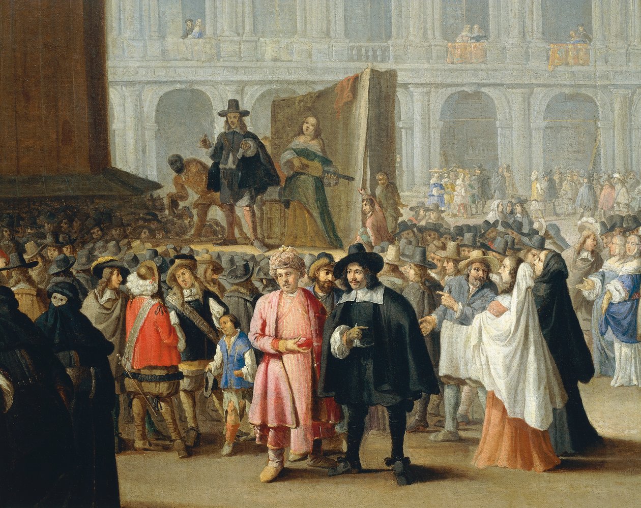 Representação de Comediantes Durante o Carnaval na Praça de São Marcos em Veneza, da Escola de Pietro Longhi, detalhe de Pietro Longhi