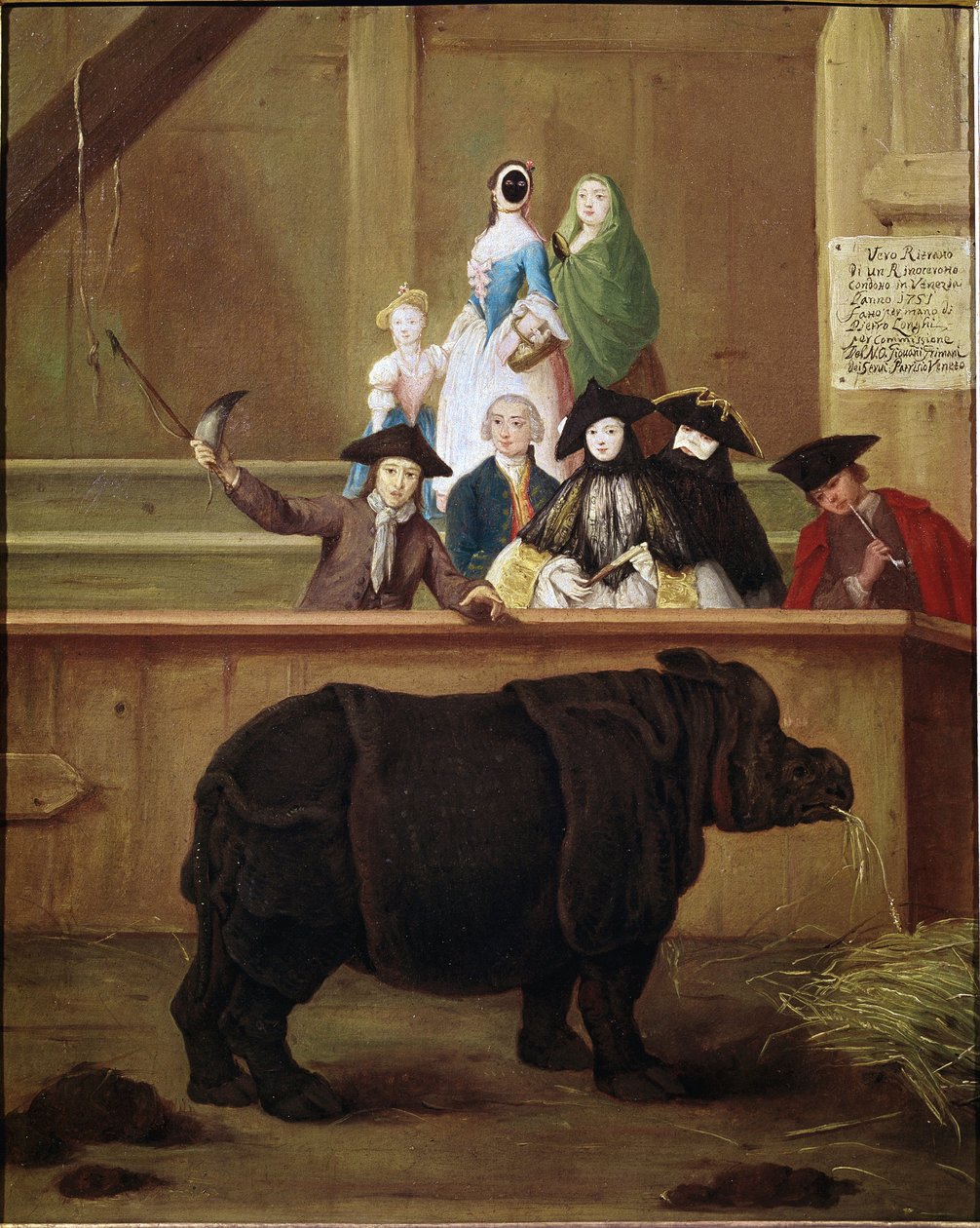 Rinoceronte: exposição de Clara, rinoceronte indiano. Pintura de Pietro Longhi (1702-1785). 1751. Museu veneziano do século XVIII. Ca 