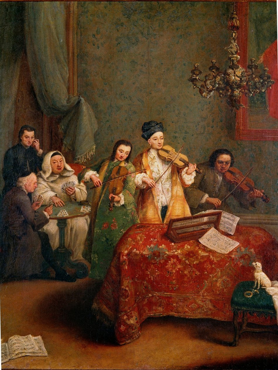 O concerto Um trio de violinistas. Pintura de Pietro Longhi (1702-1788) Veneza do século XVIII, Galleria dell