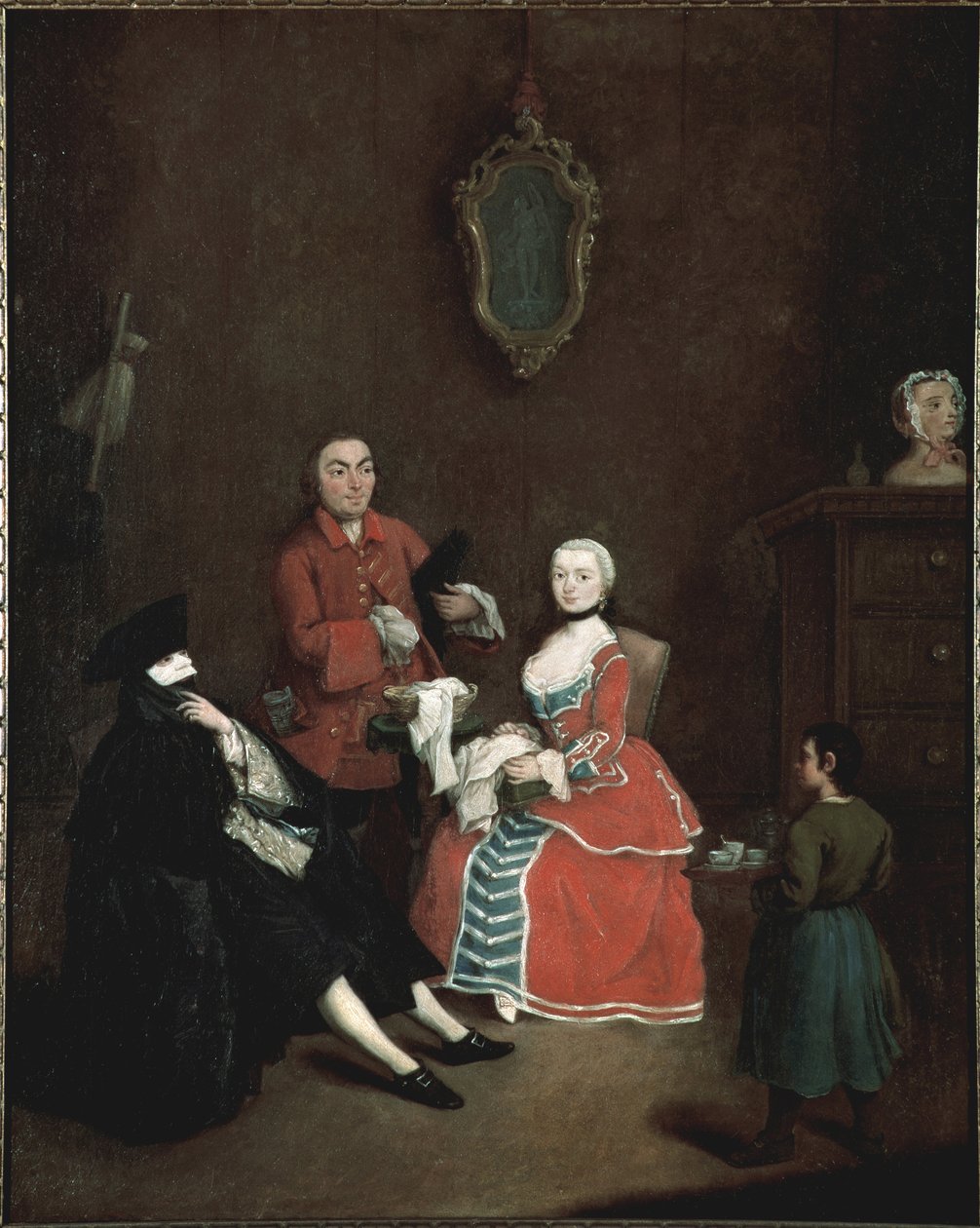 A máscara de visita Bauta (bautta) personagem vetu do traje veneziano é constituída pela capa preta, o chapéu tricórnio preto e a máscara branca - (Visita com máscara Bauta) Pintura de Pietro Longhi (1702-1785) 1760 aprox. Dim 62x50 cm Veneza, Ca 