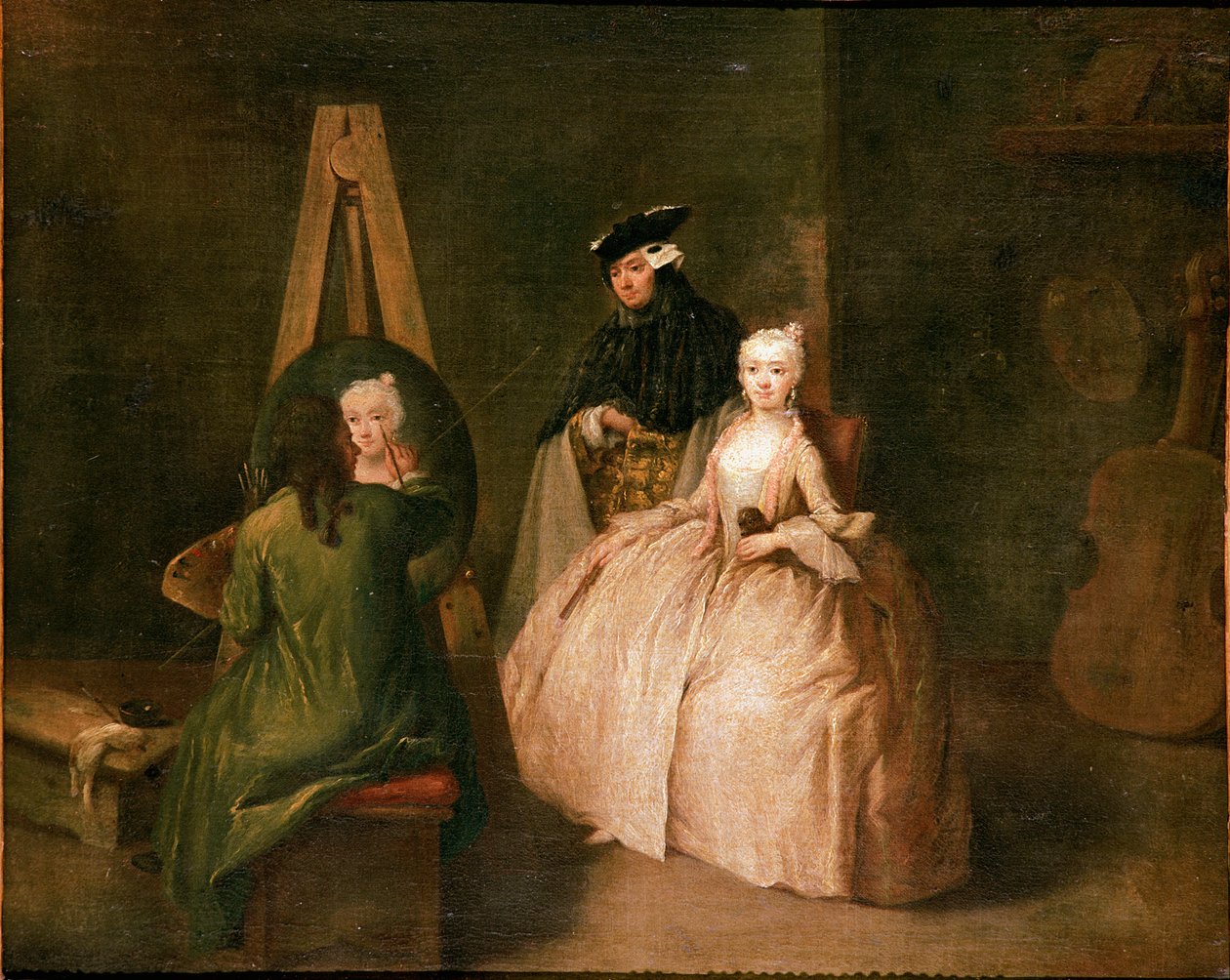 O estúdio do pintor O pintor em frente ao seu cavalete retrata uma jovem mulher. Pintura de Pietro Longhi (1702-1785) 1740-1745 Sol. 44x53 cm Veneza, Ca 