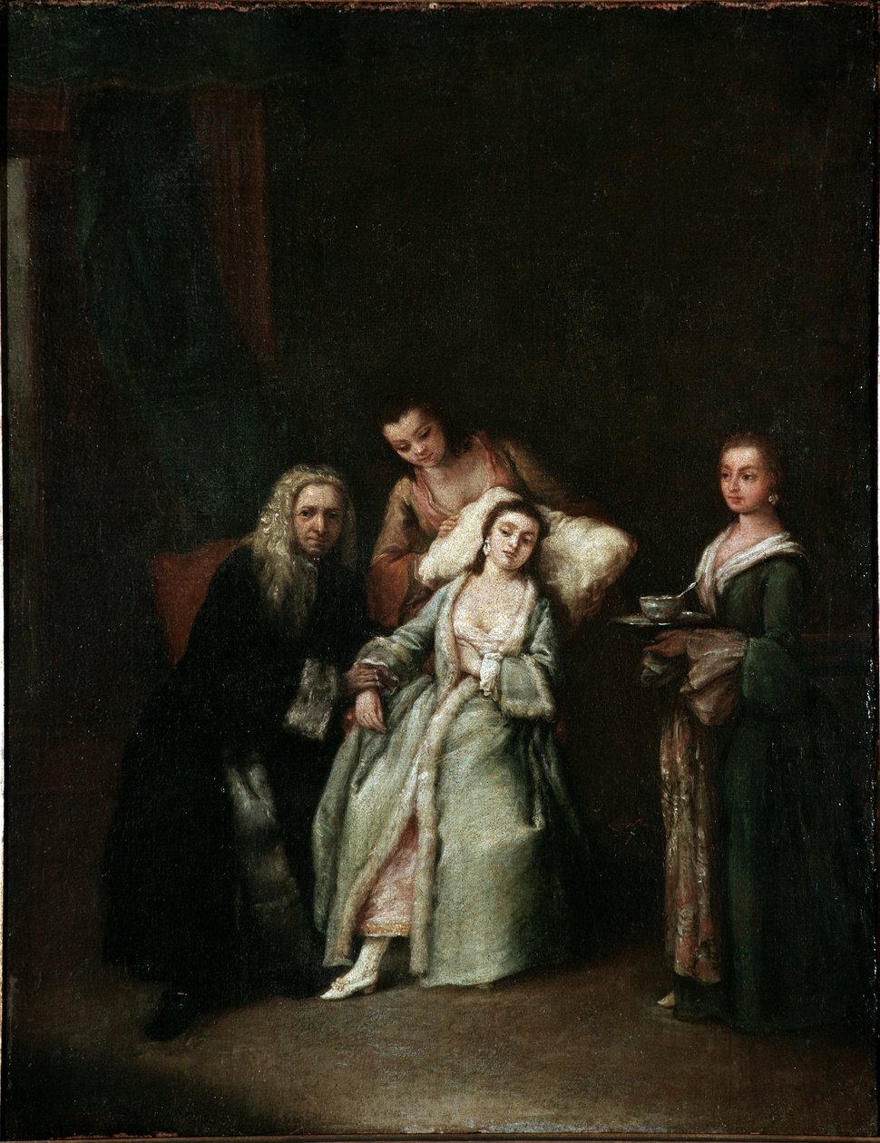 A mulher doente Visita do médico tomando o pulso da doente Pintura de Pietro Longhi (1702-1785) 1741 Dim 52x41 cm Veneza, Ca