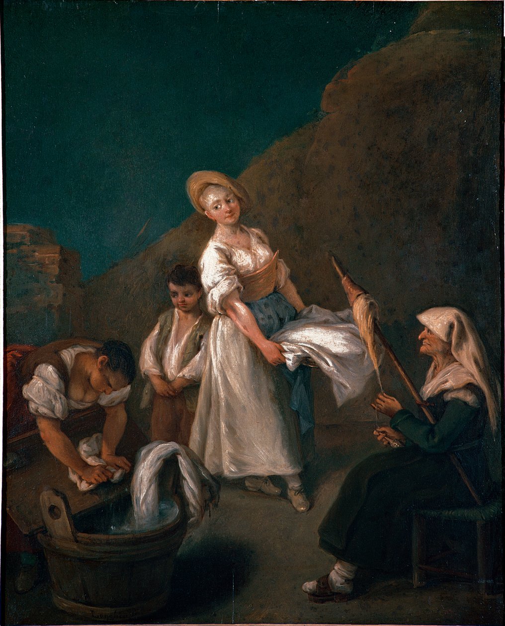 Mulheres jovens lavando a roupa nos caixotes, uma mulher idosa nas linhas certas de lã. Pintura de Pietro Longhi (1702-1785) 1740 aproximadamente. Sol. 61x50 cm Veneza, Ca 
