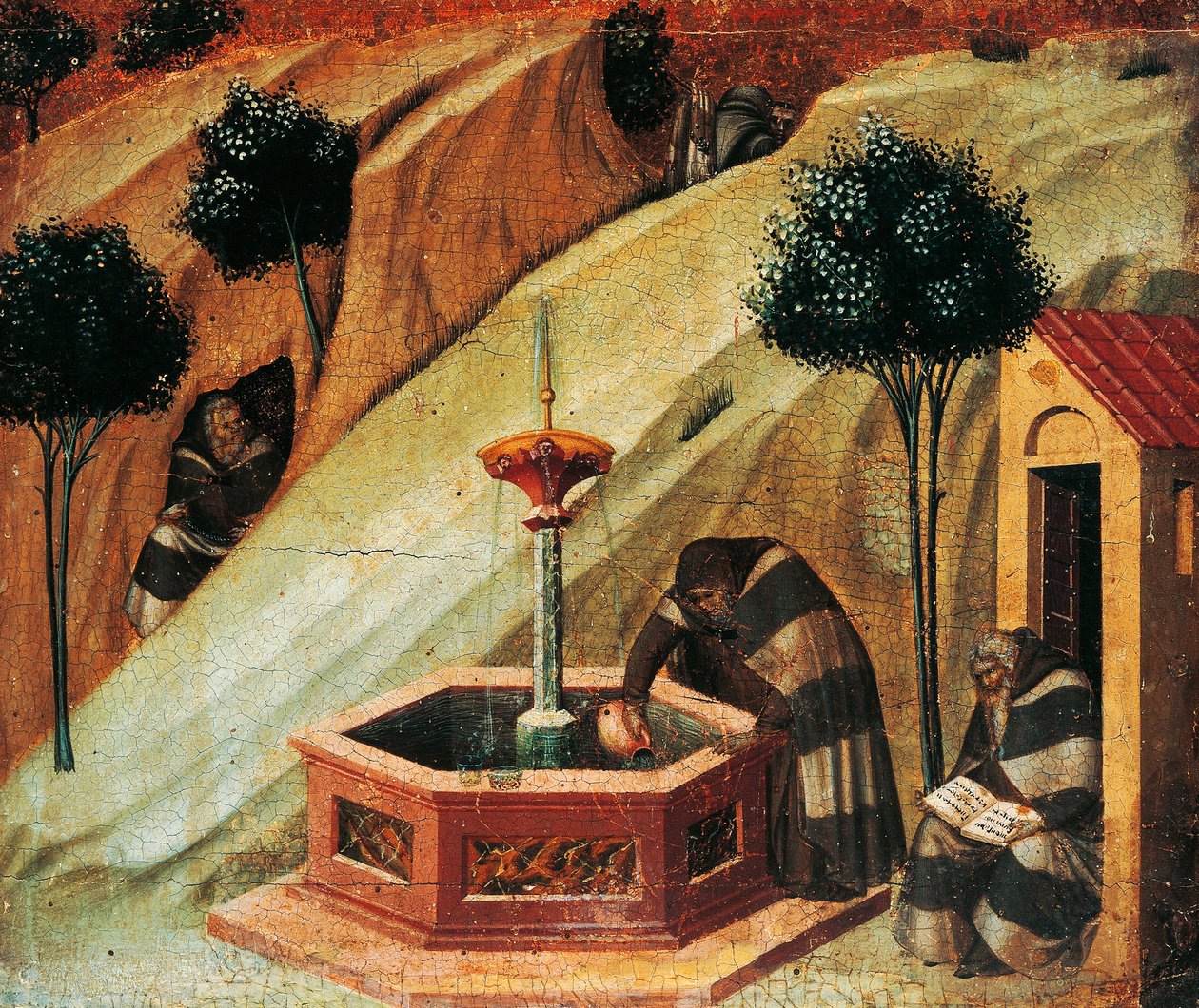 Carmelita tira água da nascente do profeta Elias, detalhe do retábulo dais de Carmine de Pietro Lorenzetti (cerca de 1280-1348), tempera e ouro sobre painel de madeira de Pietro Lorenzetti