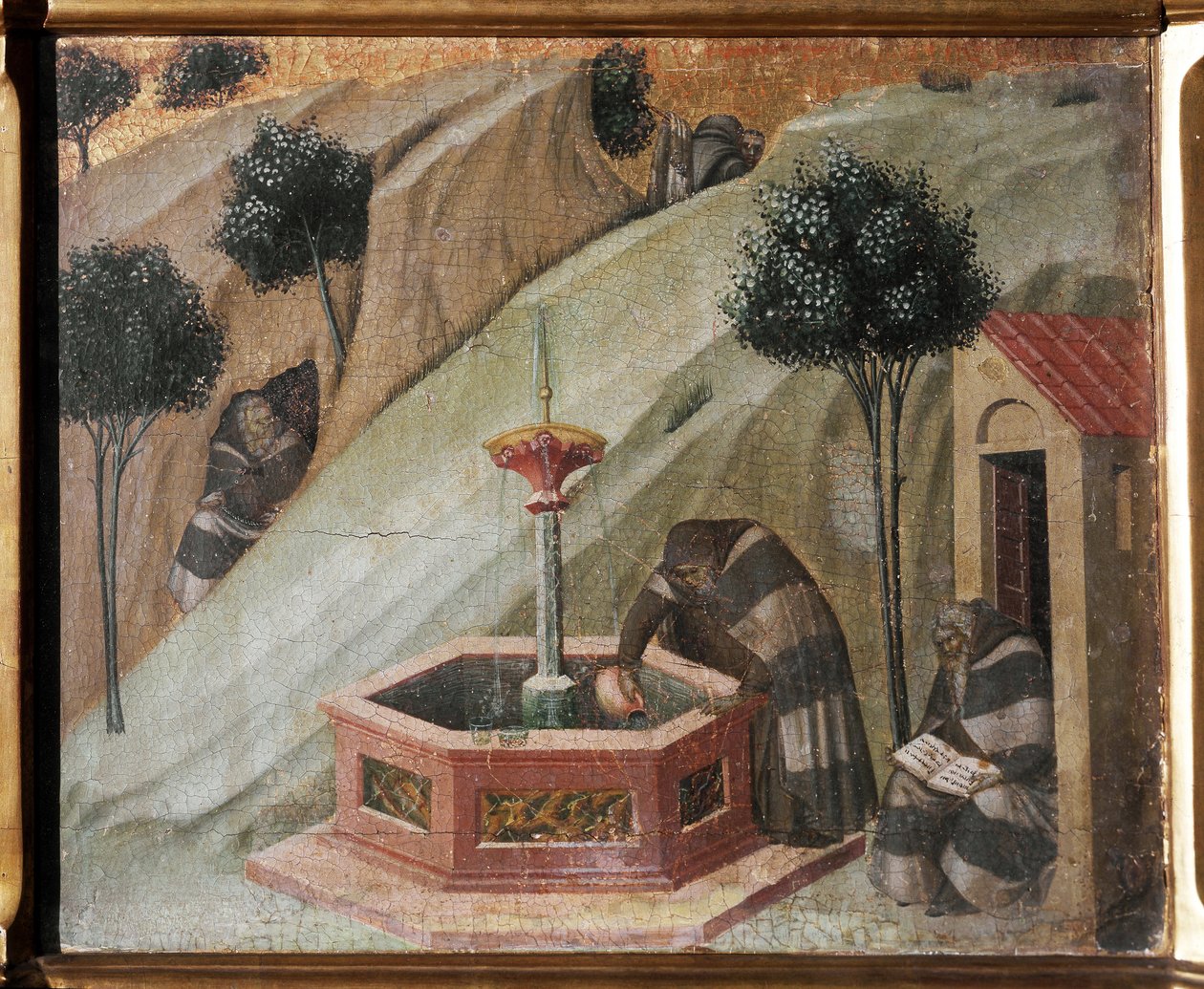 Detalhe do retábulo do Carmelo: um eremita com a fonte de Elias - Fresco de Pietro Lorenzetti