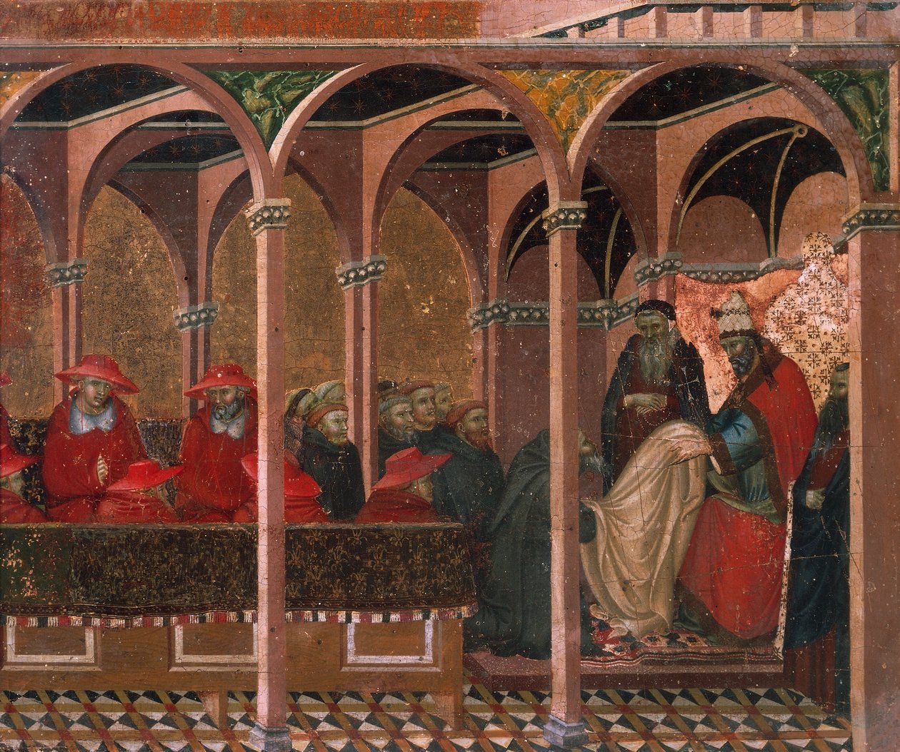 Honório III aprovando a regra de Carmelita, detalhe de predella de retábulo para Carmine de Pietro Lorenzetti (cerca de 1280-1348), tempera e ouro sobre painel de madeira de Pietro Lorenzetti