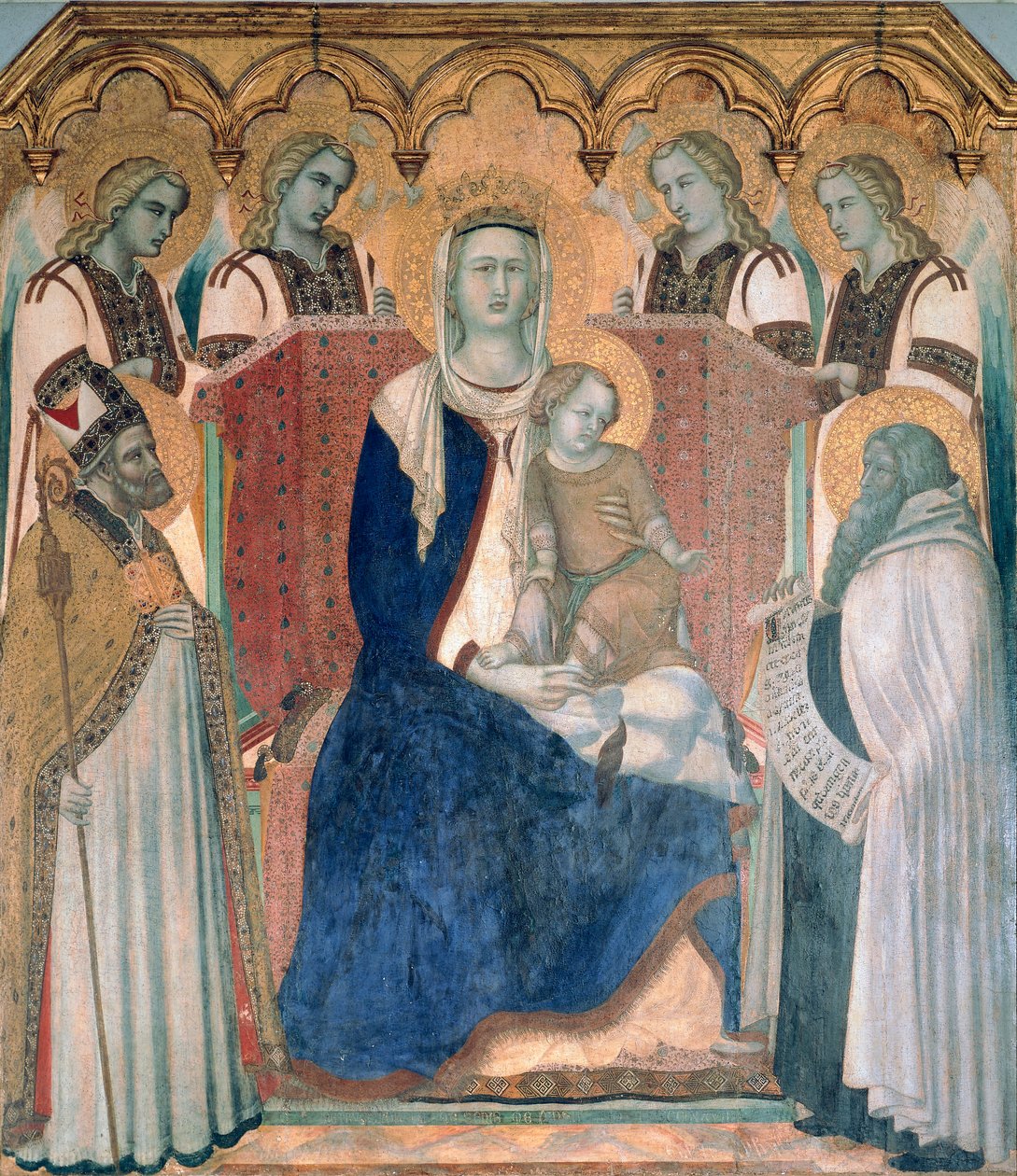 Madona e Criança, Santos e Anjos de Pietro Lorenzetti (cerca de 1280-1348), tempera sobre madeira de Pietro Lorenzetti