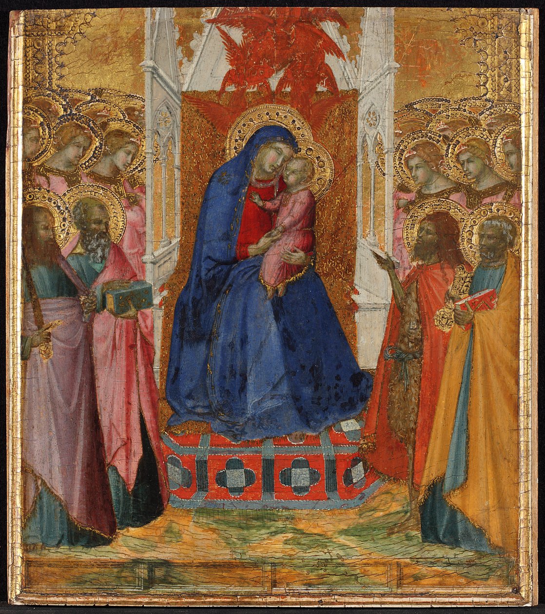 Maria auf dem Thron mit dem Kind, anbetende Engel und Heilige Paulus, Johannes der Evangelist, Johannes der Täufer und Petrus de Pietro Lorenzetti