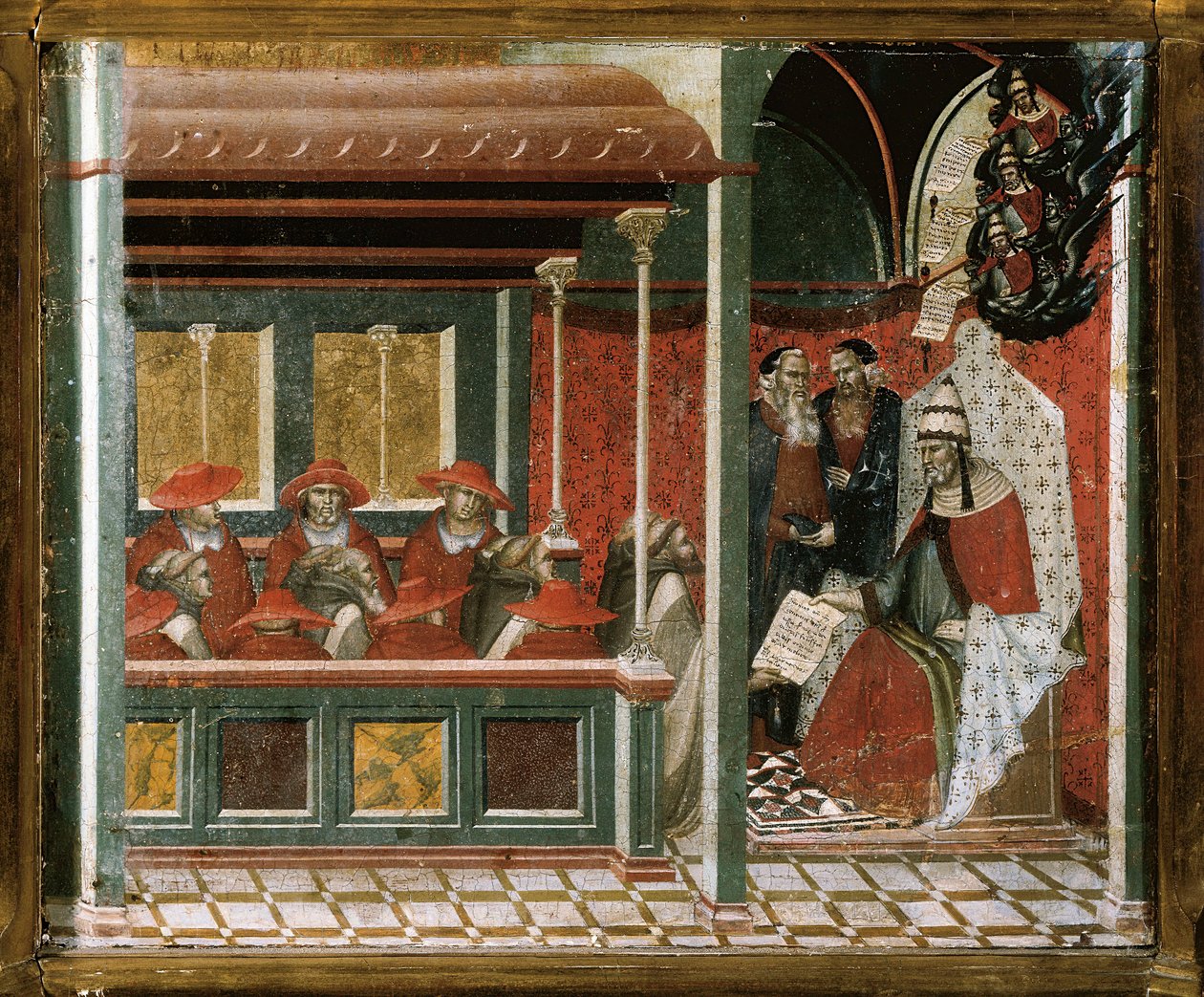 Papa Honório III aprova a regra carmelita, detalhe (tempera e ouro sobre madeira) de Pietro Lorenzetti
