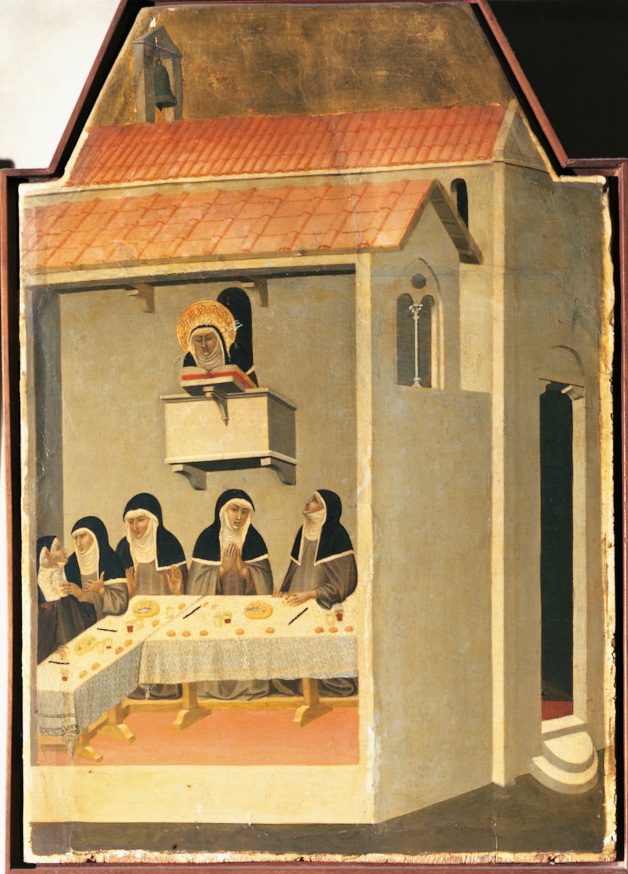 A Bem-Aventurada Humildade miraculosamente consegue ler no refeitório de Santa Perpétua, azulejo do retábulo da Bem-Aventurada Humildade de Pietro Lorenzetti (ca. 1280-1348), tempera e ouro sobre madeira de Pietro Lorenzetti