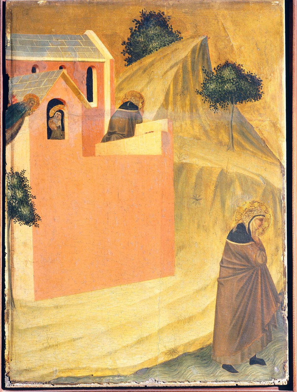 O Beato escapa do convento e atravessa o rio Lamone, azulejo no retábulo da Bem-Aventurada Humildade, de Pietro Lorenzetti (ca. 1280-1348), tempera e ouro sobre painel de madeira. de Pietro Lorenzetti