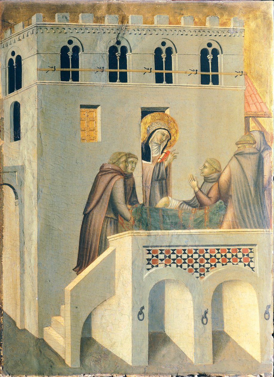 O bendito cura o pé de um monge da abadia de Vallombrosa, azulejo do retábulo da Bendita Humildade, de Pietro Lorenzetti (ca. 1280-1348), tempera e ouro sobre painel de madeira. de Pietro Lorenzetti