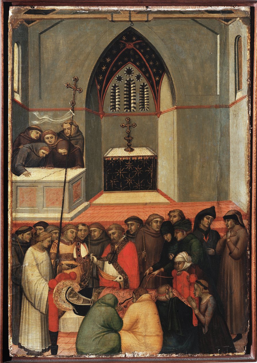 O corpo exumado da humildade está intocado (Políptico da vida de Santa Humildade) - Detrempe na madeira do século XIV de Pietro Lorenzetti