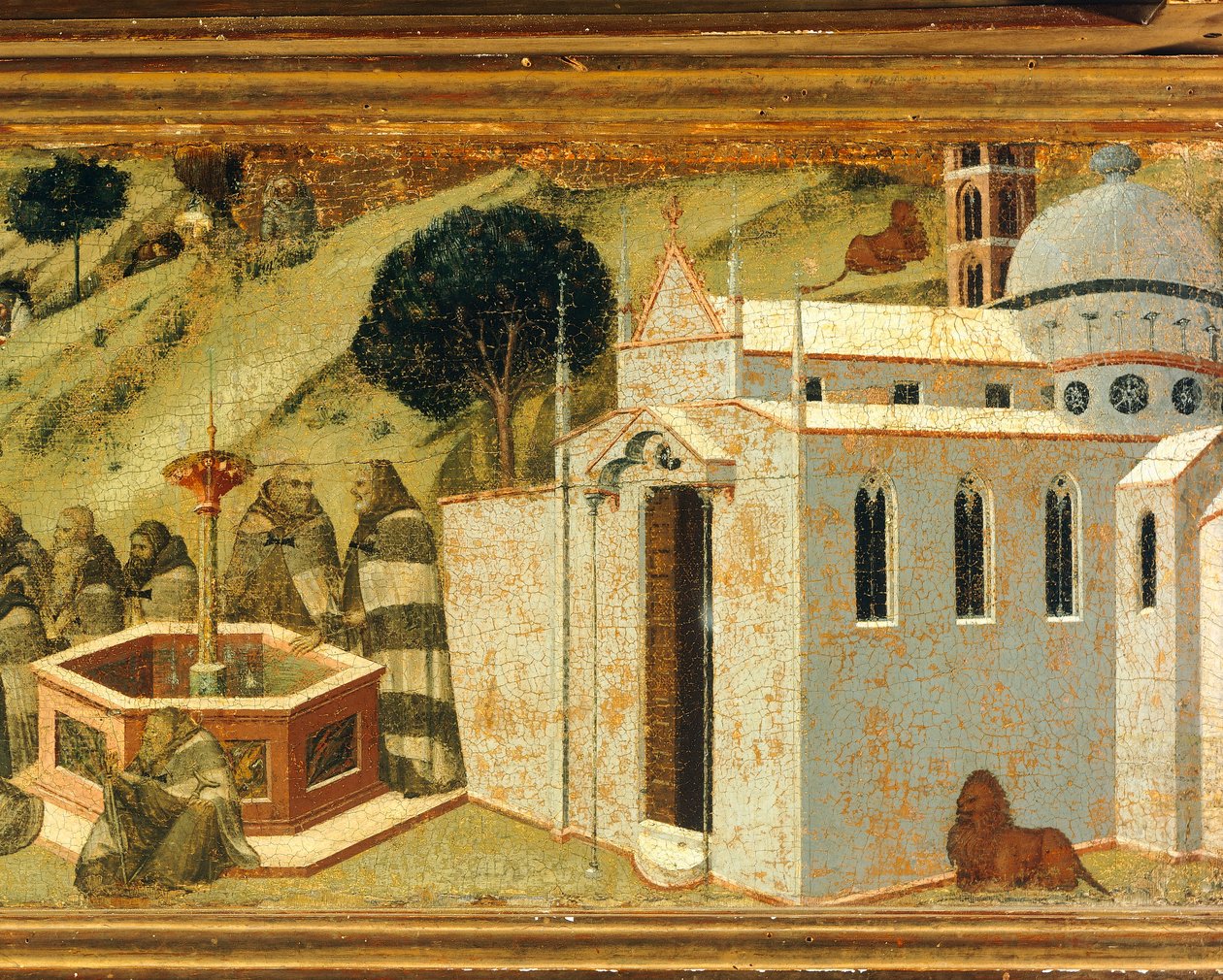 Os primeiros eremitas carmelitas na Primavera de Elias, detalhe de predella de retábulo para Carmine, Pietro Lorenzetti (ca. 1280-1348), tempera e ouro sobre madeira, Pinacoteca Nazionale, Siena de Pietro Lorenzetti