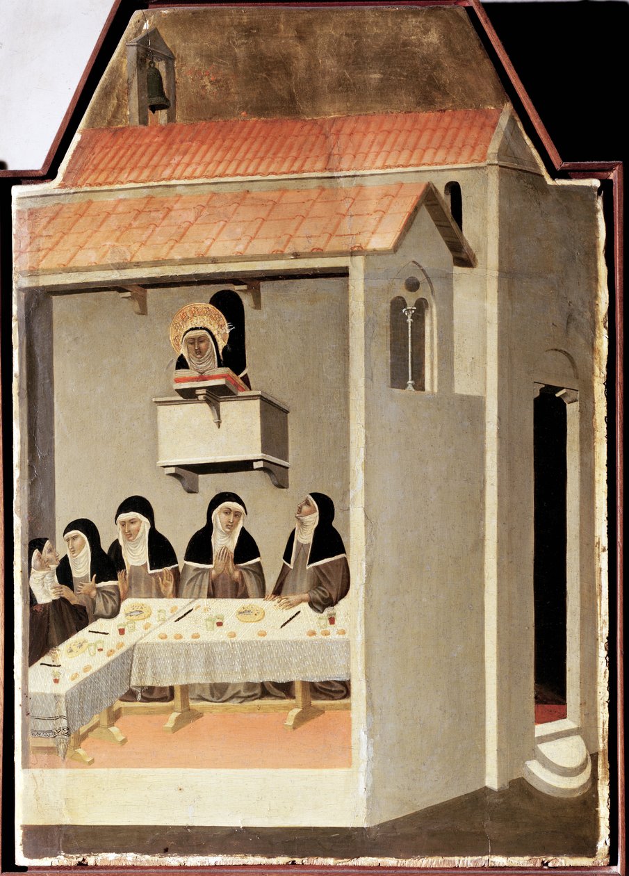 O santo analfabeto lê milagrosamente (Políptico da vida de Santa Humildade) - Detrempe na madeira do século XIV de Pietro Lorenzetti
