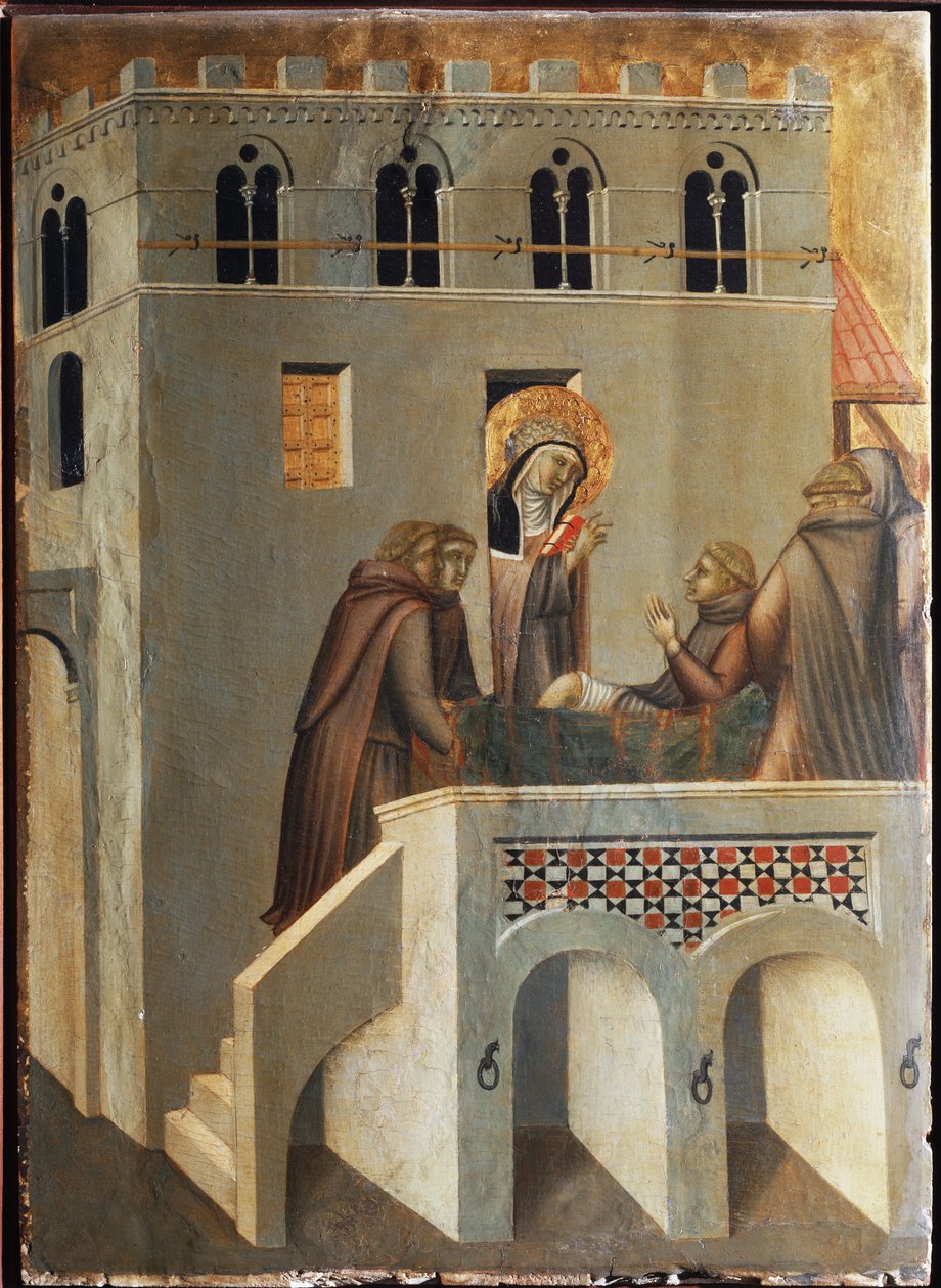 O santo cura o pé de um monge (Políptico da vida de Santa Humildade) - Detrempe na madeira do século XIV de Pietro Lorenzetti