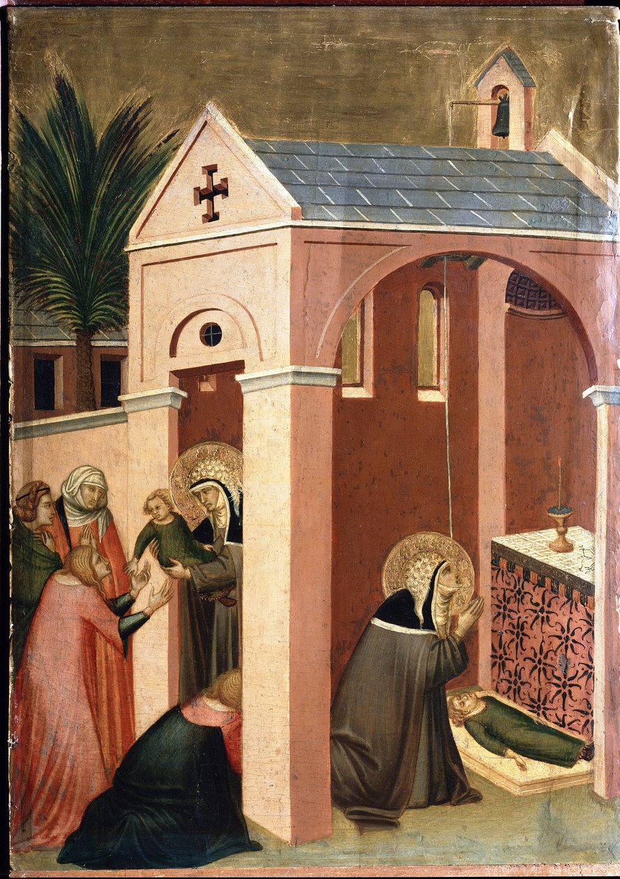 O santo ressuscita o filho de um cavalheiro (Políptico da vida de Santa Humildade) - Detrempe na madeira do século XIV de Pietro Lorenzetti