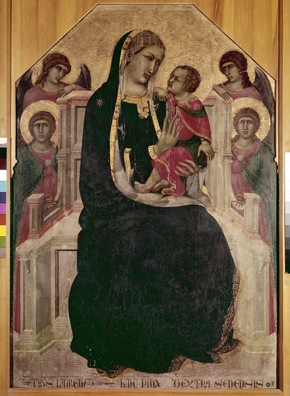 Virgem no Trono com o Menino Jesus (Maesta di Cortona) (tempera e folha de ouro sobre madeira de Pietro Lorenzetti