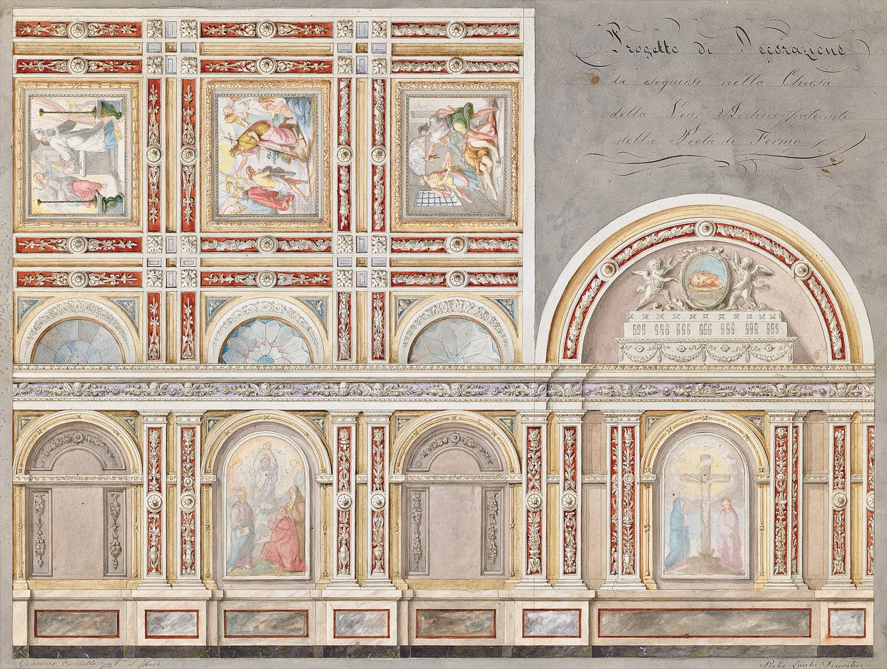 Estudo do afresco de Giacomo Cordella no interior da Chiesa della Pieta, Fermo (lápis, caneta e tinta marrom & w - c no papel) de Pietro Lucchini