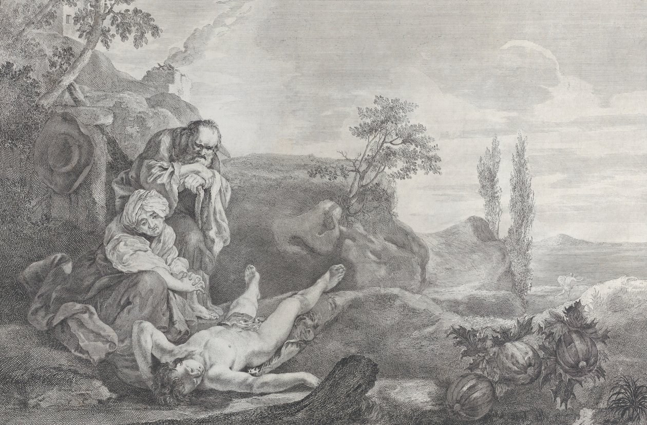 Adão e Eva à esquerda, como um casal de idosos, de luto pelo cadáver de Abel que jaz i..., 1743-63. de Pietro Monaco