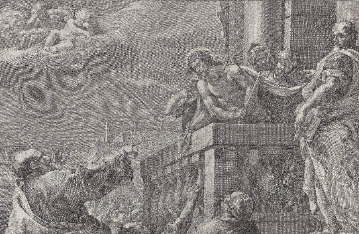 Cristo em um balcão cercado por guardas, Pilatos está à direita gesticulando para..., ca. 1730-39. de Pietro Monaco