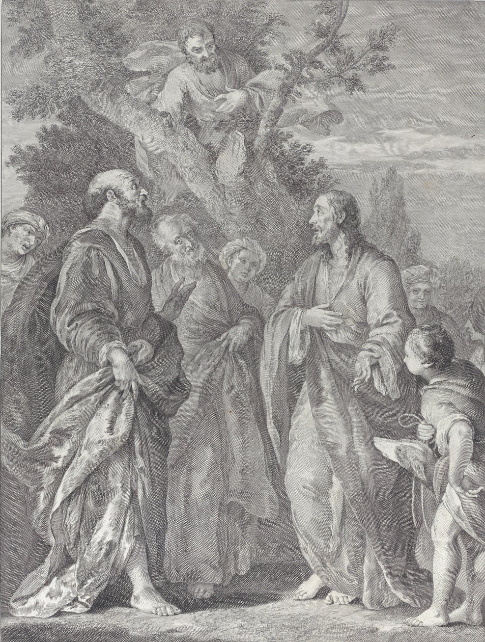 Conversão de Zaqueu, com Cristo à direita dirigindo-se ao cobrador de impostos, que está sentado..., 1730-39. de Pietro Monaco