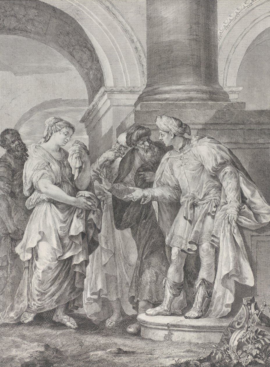 Daniel discute com os anciãos enquanto Susanna fica à esquerda, 1732-50. de Pietro Monaco