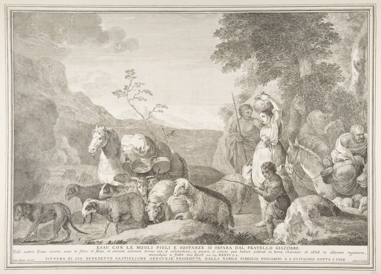 Esaú e sua família se separando de Jacó Esaú com suas esposas, filhos e substâncias sepa..., 1743-63. de Pietro Monaco