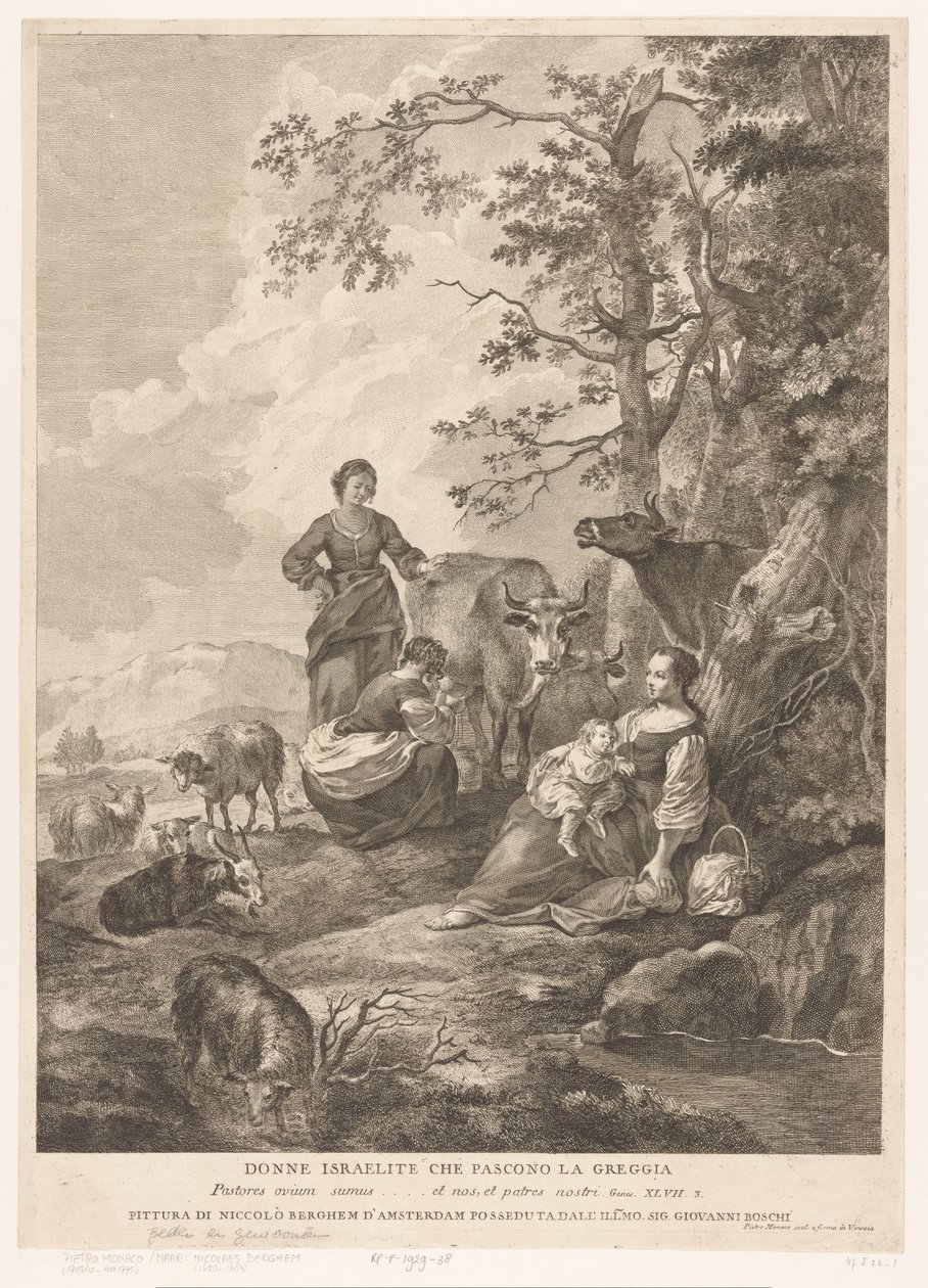 As mulheres israelitas cuidam do rebanho Donne israelita che pascono la greggia (título no objeto) Novo e Antigo Testamento (título da série) de Pietro Monaco
