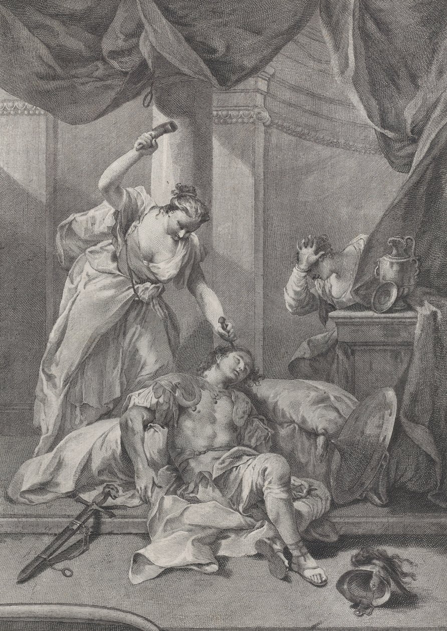 Jael martelando uma estaca de tenda no templo de Sísera adormecido, à direita a se..., ca. 1730-39. de Pietro Monaco
