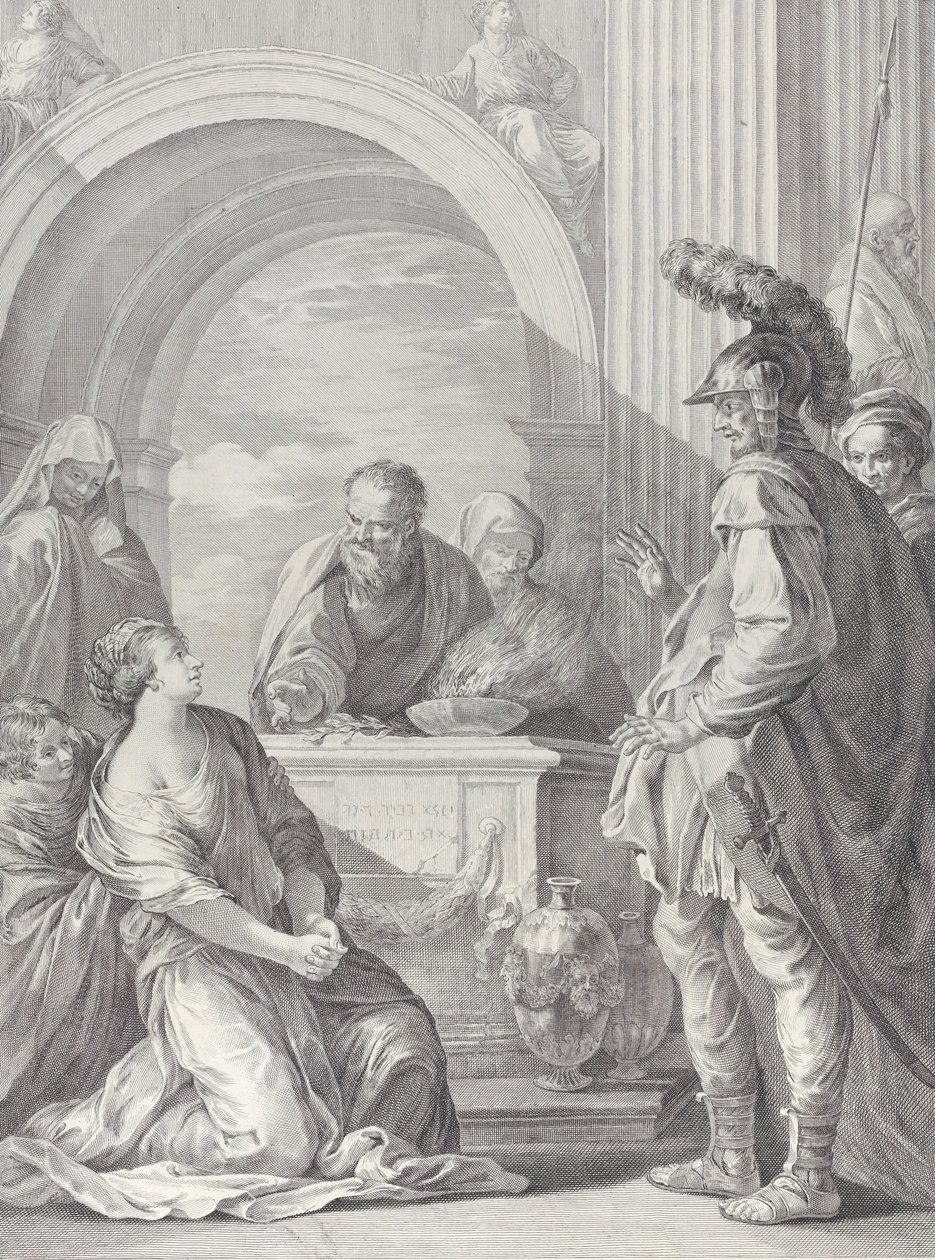 A filha de Jefté ajoelhada junto ao altar de sacrifício, com o pai à direita..., 1730-50. de Pietro Monaco
