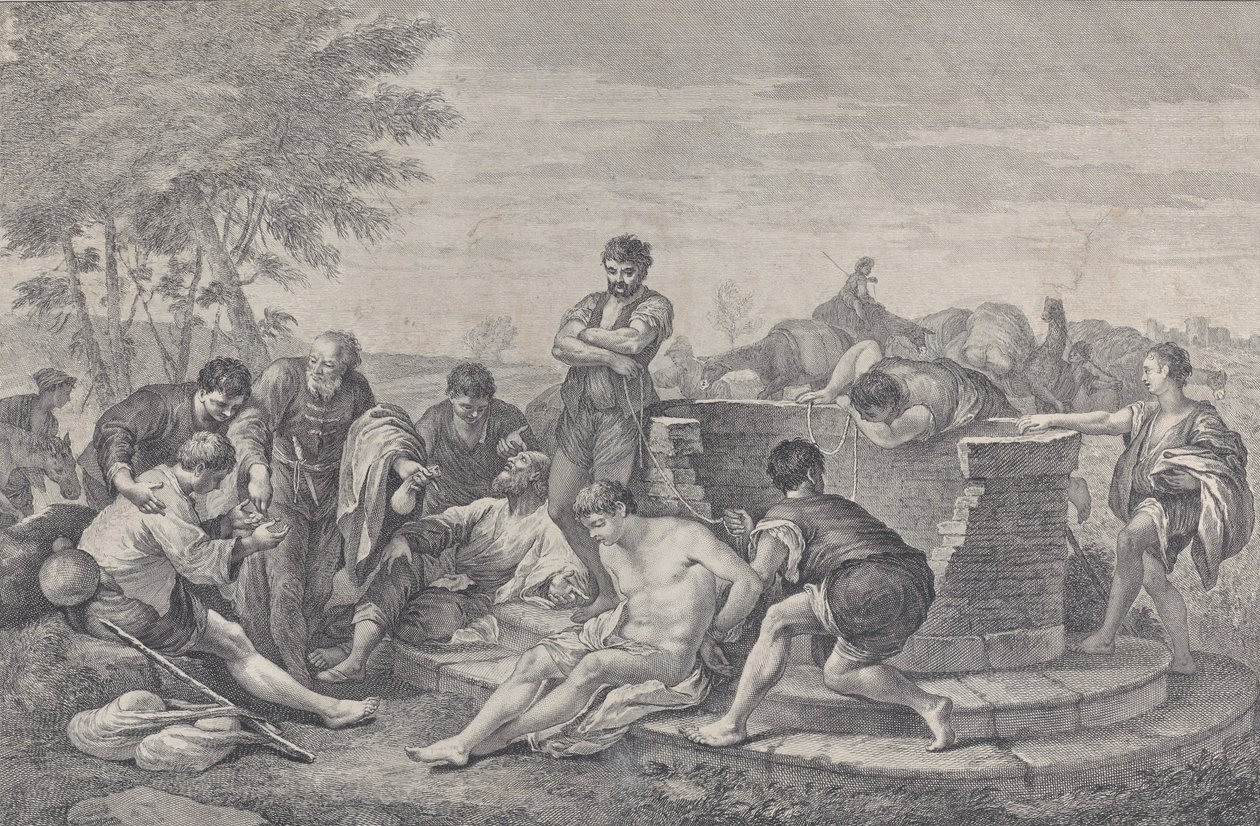 José sendo vendido como escravo por seus irmãos, que se sentam ao redor de um poço dividindo o c..., 1730-39. de Pietro Monaco