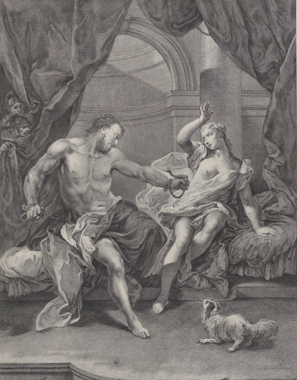 Sansão e Dalila sentados em uma cama, Sansão rasgando as cordas que prendiam sua mão..., c. 1730-39. de Pietro Monaco