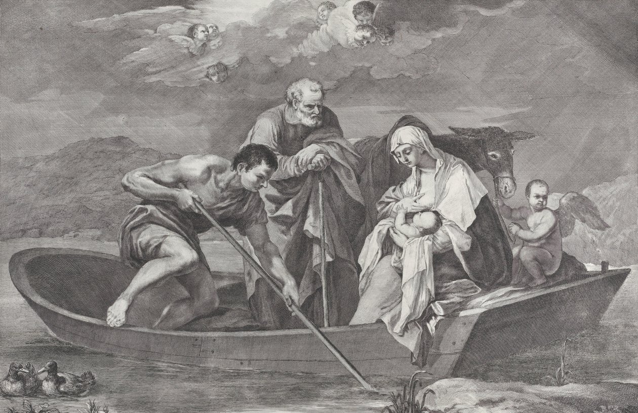 A fuga para o Egito, com a Sagrada Família em um barco, 1730-50. de Pietro Monaco