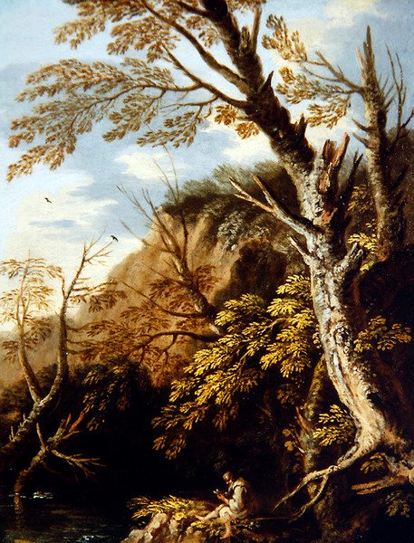 Uma Paisagem arborizada com um Eremita (óleo sobre tela) de Pietro Montanini