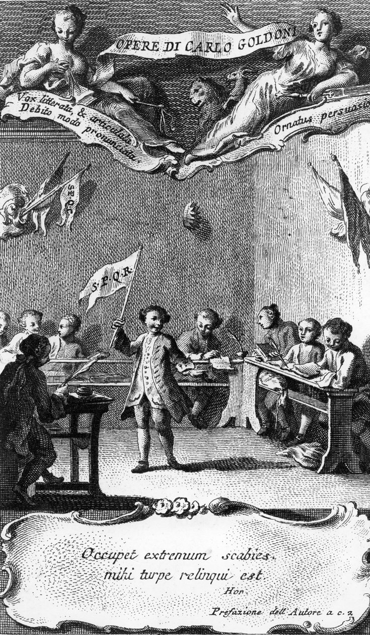 Carlo Goldoni agita uma bandeira em comemoração ao seu ano na escola jesuíta em Perugia, de &39;Opere di Carlo Goldoni&39;, gravado por Antonio Baratti, 1761 de Pietro Novelli