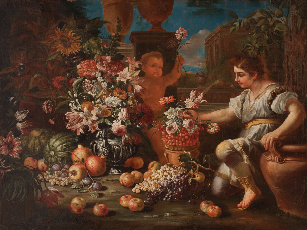 Um Rapaz e um Putto entre flores e frutos de Pietro Paolo (attr. to) Bonzi