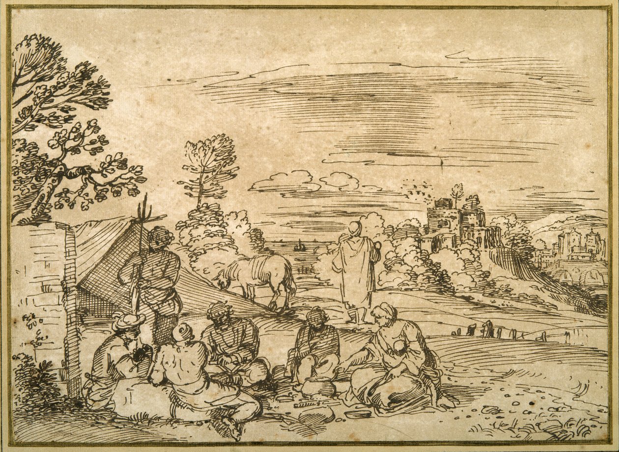Paisagem com ciganos bivouacking (caneta e tinta marrom sobre papel) de Pietro Paolo (attr. to) Bonzi